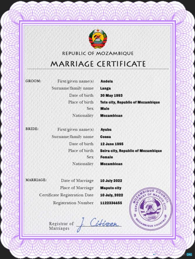 Download Mozambique marriage certificate PSD template Photoshop template